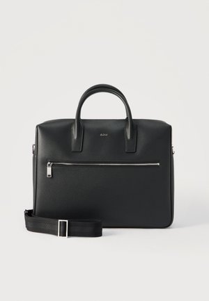 Black leather briefcase with two handles, front zip pocket, detachable shoulder strap, and small BOSS logo on smooth textured surface.