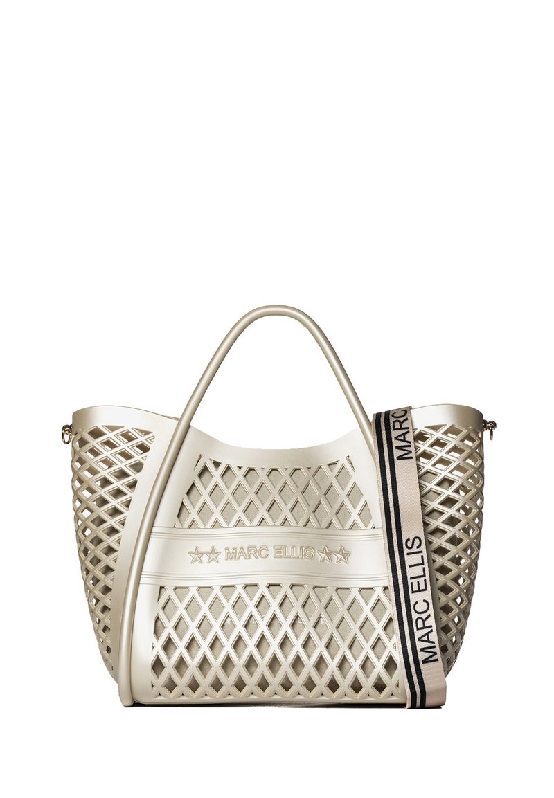 Borsa a tracolla sintetica beige con un design a rombo, doppi manici e una tracolla decorativa con il marchio "MARC ELLIS".