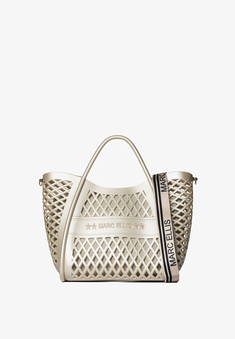 Sac à main synthétique beige avec un design en losange, double poignées et une bandoulière décorative arborant le logo "MARC ELLIS".