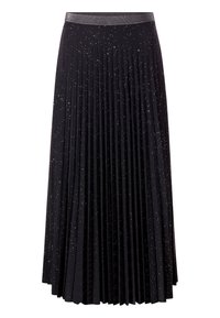 Jupe noire plissée avec une ceinture métallique, ornée de accents scintillants éparpillés et d'un design en tissu texturé.