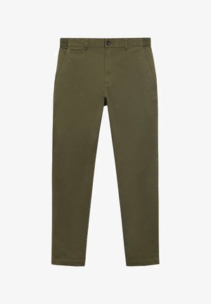 Pantaloni slim-fit verde oliva realizzati in cotone leggero. Presentano due tasche laterali, una chiusura con bottone e una texture liscia.
