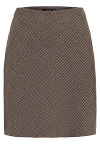 Bruine rok met patroon en textuur in de stof, met een aansluitend ontwerp en rechte snit. Halflang, tot halverwege de dij, met een gladde tailleband.