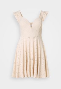 Light beige dress with a plunging V-neckline, ruffled straps, and eyelet pattern. Flows into a flared skirt. Made of textured fabric.