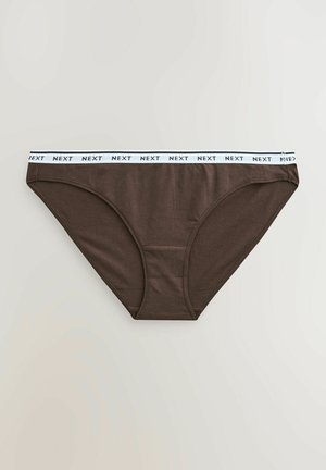 Mutande bikini di cotone marrone con un elastico bianco in vita sul quale è stampato ripetutamente il nome del marchio "NEXT".
