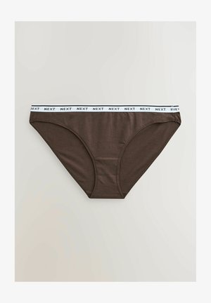 Mutande bikini di cotone marrone con un elastico bianco in vita sul quale è stampato ripetutamente il nome del marchio "NEXT".