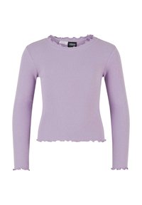 Haut à manches longues en lilas avec un col et un ourlet en forme de scallop. Texture douce avec un design ajusté et un style minimaliste.