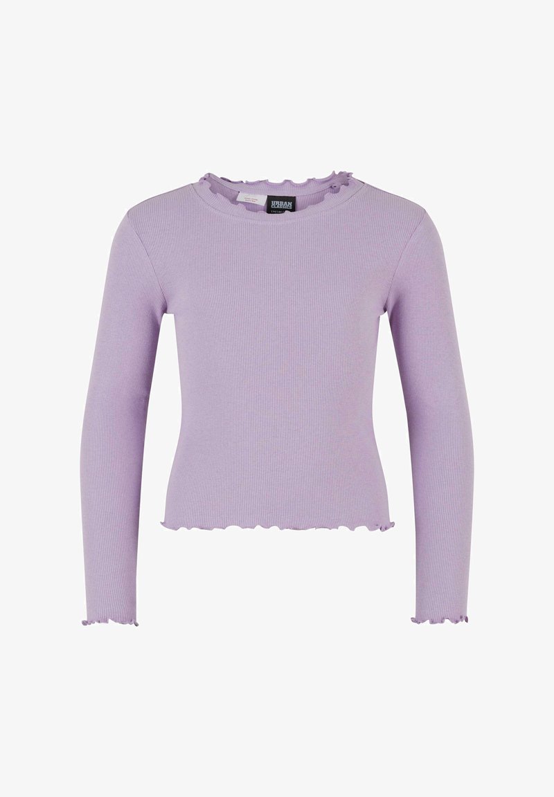 Lila dugmadna majica dugih rukava s rebrastom teksturom i oštrim ovratom i rubom. Mekana tekstura s prilagodljivim krojem i minimalističkim stilom.