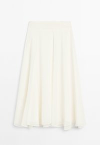 Une jupe midi blanche et fluide en tissu léger, dotée d'une taille cintrée et d'un ourlet évasé pour une silhouette douce.