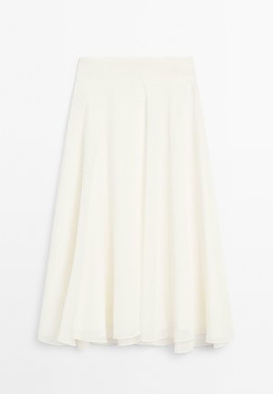 A knee-length, A-line skirt made of lightweight, flowing fabric in a solid cream color with a smooth texture and a fitted waistband.