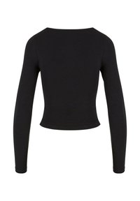 Svart langermet cropped topp med rund hals, laget av et glatt materiale. Har tettsittende ermer og en ren nederkant.