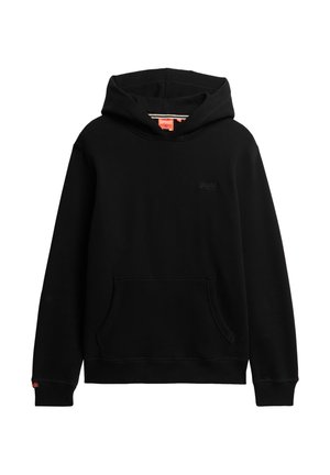Zwarte hoodie met een voorvak, ribgebreide manchetten en onderrand. Bevat een klein, reliëf logo op de borst. Glad textuur, casual ontwerp.