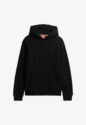 Black hooded sweatshirt with a front pocket, ribbed cuffs, and hem. Features a small embossed logo on the chest. Smooth texture, casual design.