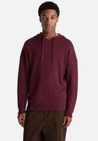 Sudadera con capucha burdeos de mangas largas, con puños y dobladillo de canalé. Presenta cordones con puntas de metal y un ajuste relajado.