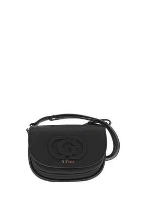 Sac bandoulière en cuir noir avec fermeture à rabat, logo Guess embossé sur le devant et bandoulière réglable.