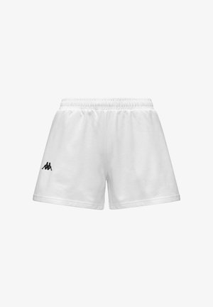 Pantaloncini sportivi bianchi con vita elastica e piccolo logo nero sulla coscia sinistra su sfondo bianco uniforme.