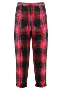 Rutiga byxor i svart, röd och rosa mönster, med rak passform, två framfickor och resårsärk.