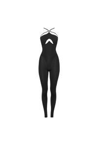 Svart bodysuit med en utskärningsdesign, tunna korsade bärband och kroppsnära benöverdrag. Tillverkad av ett glatt, elastiskt tyg.