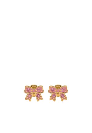 Goldene Ohrstecker geformt wie pinke Schleifen mit kleinen pinken Edelsteinen auf jeder Schleife.