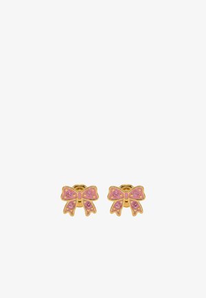 Gold stud earrings shaped like pink bows with small pink gemstones on each bow.