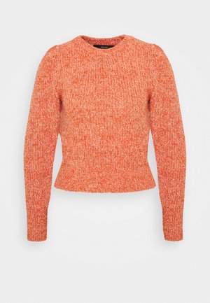 Knit pullover sweater in a bright orange color with a textured pattern, round neck, and fitted design. Long sleeves with ribbed edges.