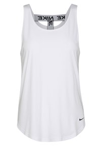 Haut blanc sans manches en tissu lisse, avec un col arrondi et des emmanchures échancrées. Logo Nike noir en bas à droite.