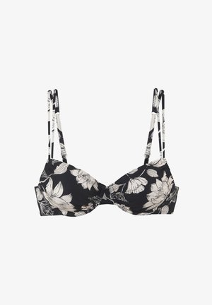 Črni bikini zgornji del z belim cvetličnim vzorcem, nastavljive tanke naramnice, guban material za podrobnosti in strukturirani koši za oporo.