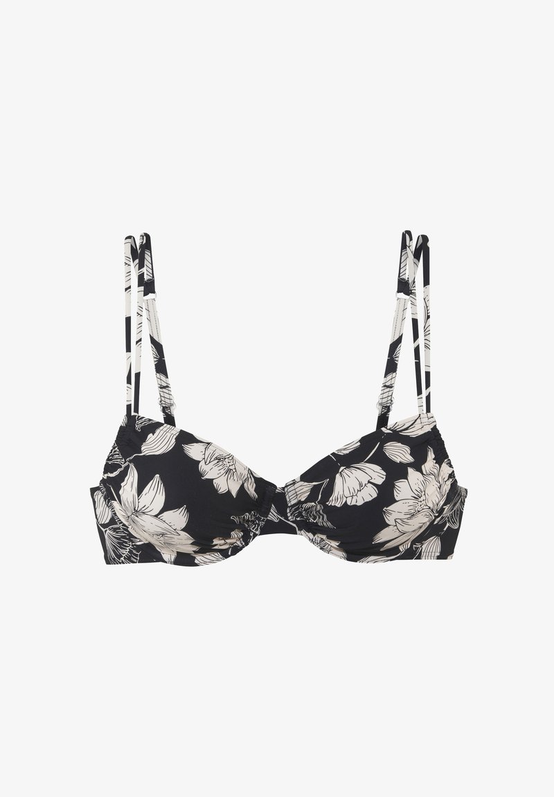 Čierny bikiny top s bielym kvetinovým vzorom, nastaviteľné tenké ramienka, zberová tkanina a vystužené košíčky pre podporu.