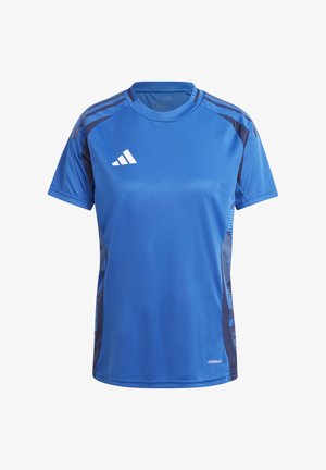 Blaues, kurzes Sport-T-Shirt mit kurzen Ärmeln, das über einen Rundhalsausschnitt und tonale Mesh-Einsätze an den Seiten verfügt. Adidas-Logo in Weiß auf der Brust.