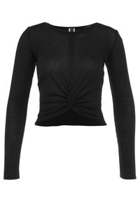 Svart långärmad topp i ribbat tyg, med en vriden frontdetalj och rundad halsringning. Slät textur och figurnära passform.