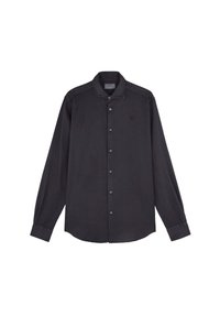 Cămașă neagră cu mâneci lungi, tip cambrat, fabricată dintr-un material ușor, cu o textură moale. Prezintă un guler ascuțit și un mic logo pe piept.