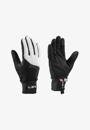 Paar schwarz-weißer LEKI Handschuhe mit strukturiertem Griff an den Fingerspitzen und elastischen Handgelenkbändern.