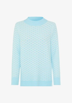 Helles blaues Strickpullover mit strukturiertem Muster, hohem Kragen und langen Ärmeln. Gerippte Bündchen und Saum verleihen dem Design Struktur.
