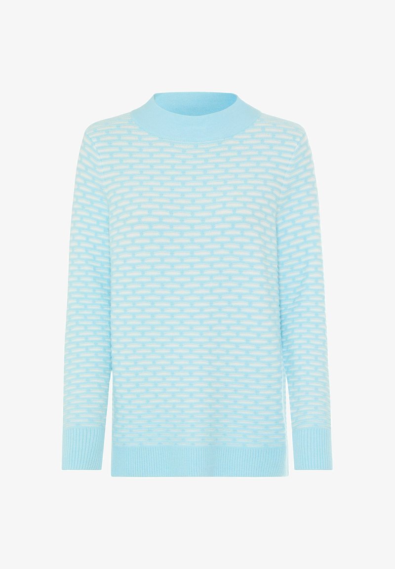 Helles blaues Strickpullover mit strukturiertem Muster, hohem Kragen und langen Ärmeln. Gerippte Bündchen und Saum verleihen dem Design Struktur.