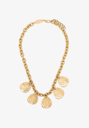 Złoty naszyjnik z łańcuszkiem, na którym równomiernie rozmieszczono pięć nieregularnych, młotkowanych zawieszek w kształcie monet, z zapięciem na karabińczyk.