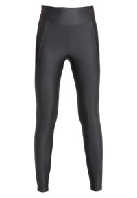Czarne legginsy sportowe wykonane z gładkiego, elastycznego materiału. Wysoki pas ze minimalnymi detalami szwów i dopasowany krój.