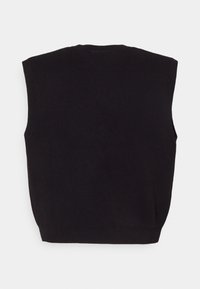 Schwarzes ärmelloses Strickoberteil mit einem gerippten Halsausschnitt und Saum, sanfter Textur und schlichtem, klaren Design.