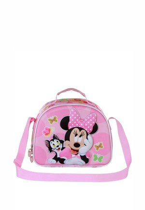 Bolso rosa con forma redondeada, que presenta ilustraciones de Minnie Mouse y un gato negro. Tiene un asa y una correa para el hombro, con acentos de mariposa.