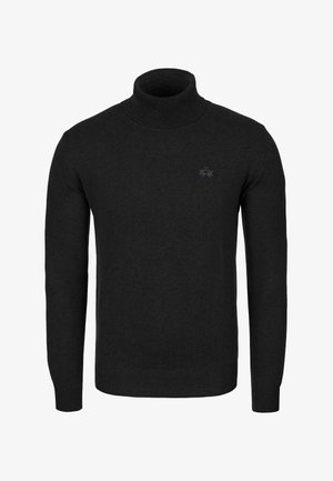 Musta pitkähihaisen pooloneule, jossa vasemmalla rinnalla pieni kirjailtu logo, resorit hihansuissa ja helmassa.