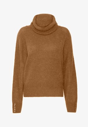 Pull à col roulé marron avec une finition douce et texturée et des manches longues. Présente des accents semblables à des perles sur les poignets.