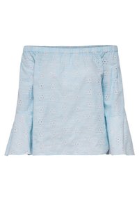 Blusa azzurro chiaro scivolata sulle spalle, realizzata in tessuto testurizzato, con motivi floreali ritagliati e maniche svasate.
