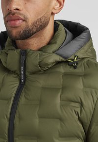 Grüne gepolsterte Jacke mit hohem Kragen, schwarzem Futter und einem Reißverschluss mit einem Markenetikett. Kordelzugakzente an der Kapuze.