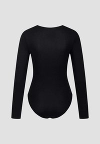 Zwart bodysuit met lange mouwen, gemaakt van een gladde, rekbare stof, met een ronde hals en een nauwsluitend ontwerp met een naadloze achterkant.