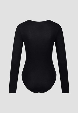 Schwarzer Bodysuit mit langen Ärmeln aus glattem, elastischem Stoff, mit rundem Ausschnitt und figurbetontem Design mit nahtlosem Rücken.