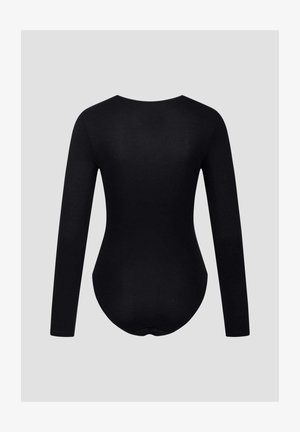 Body noir à manches longues en tissu lisse et extensible, doté d'un col rond et d'une coupe ajustée avec un dos sans coutures.