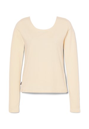 Top de manga larga hecho de una suave y ligera tela color beige. Presenta un escote redondeado y un corte recto, sin patrones ni acentos visibles.