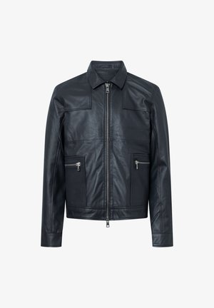 Black leather jacket with a zip front, pointed collar, and two zippered chest pockets. Features a smooth texture and structured design.