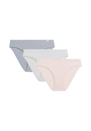 Trzy damskie majtki typu hipster w pastelowym niebieskim, białym i jasnoróżowym kolorze, każda z małą kokardką na pasku.