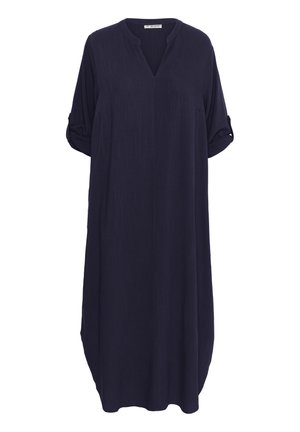 Vestido azul marino con escote en V, mangas cortas enrolladas y un corte holgado. Confeccionado en una tela suave y ligera con una textura sutil.