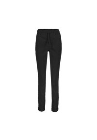Sorte bukser lavet af et glat stof. Slim fit design med en mellem højt liv. Omslåede sømme med sidelommer og lynlås foran.