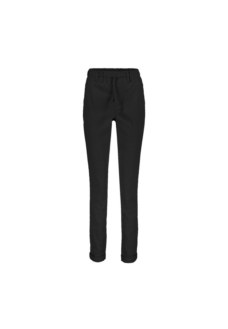 Sorte bukser lavet af et glat stof. Slim fit design med en mellem højt liv. Omslåede sømme med sidelommer og lynlås foran.